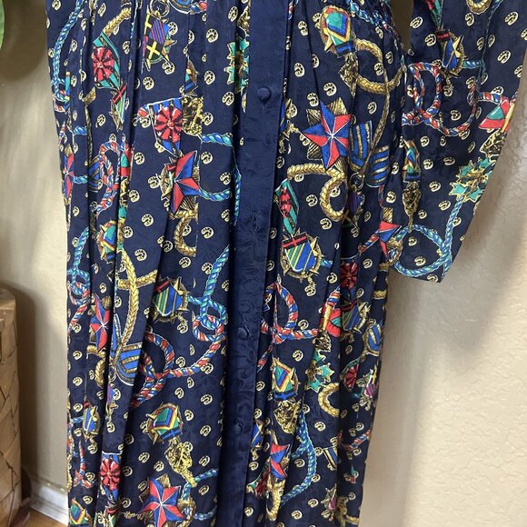 Diane Freis Womens Vintage Long Sleeves Silk dress Printed Deep Blue Size Medium - Picture 5 of 9